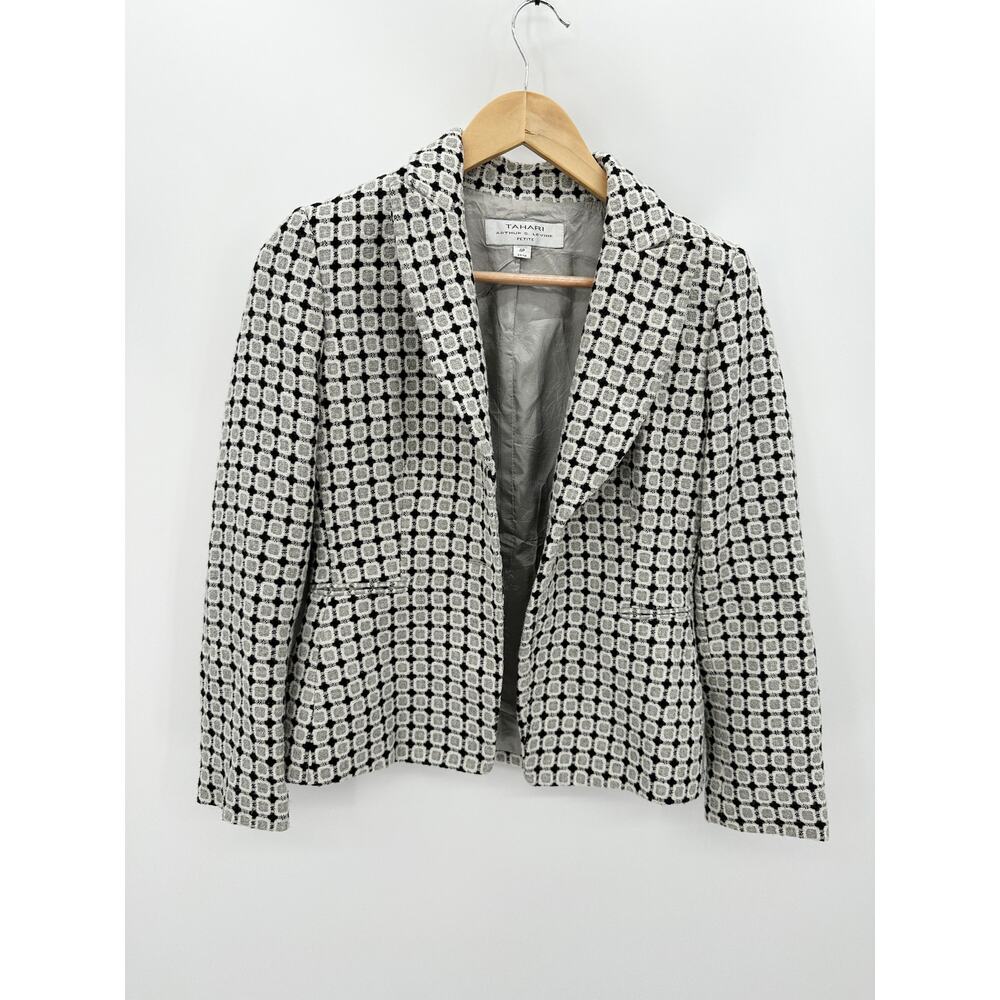 Tahari Womens Gray Printed Blazer Jacket‎ Size 4P Wool Blend Career Office Suit